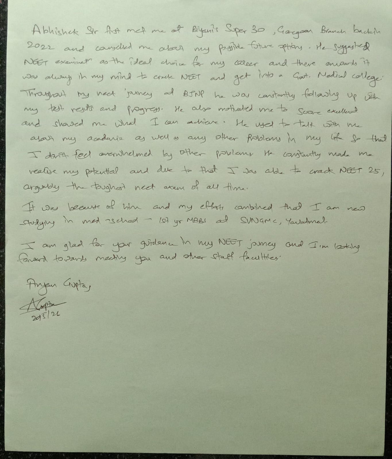Handwritten testimonial by Anjan Gupta, 1st year MBBS at SVNGMC Yavatmal