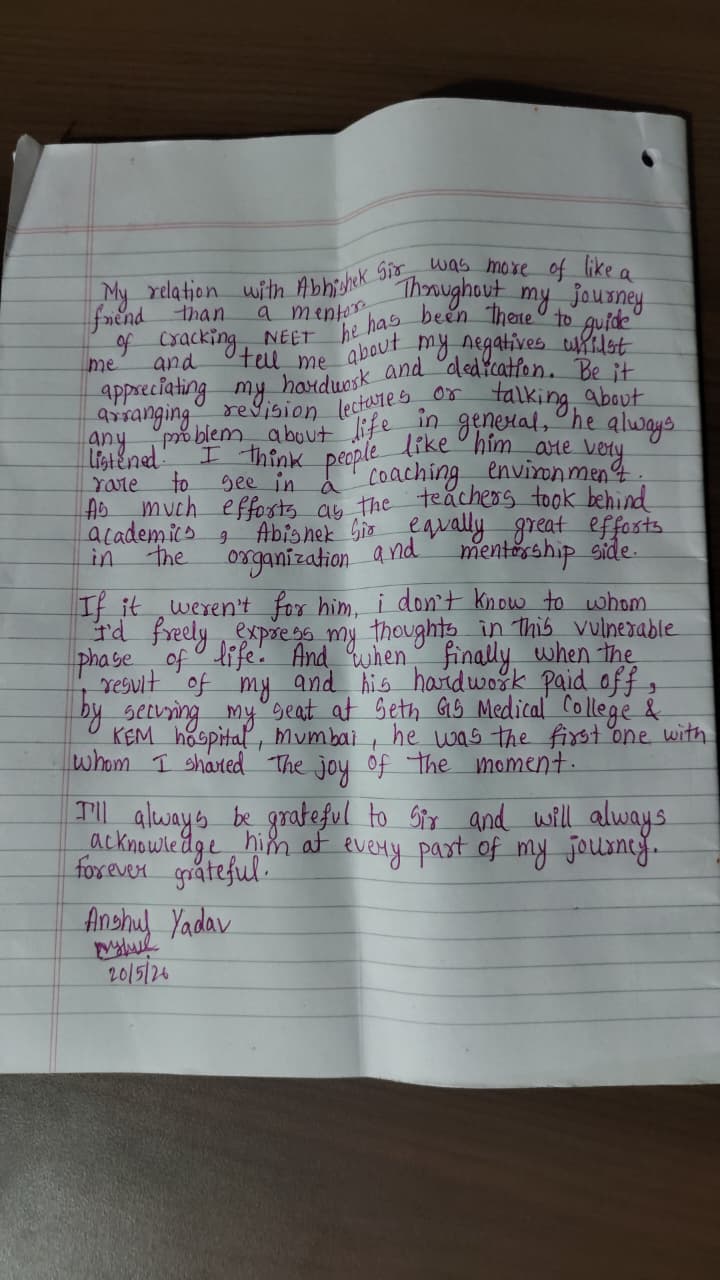 Handwritten testimonial by Anshul Yadav, Seth GS Medical College & KEM Hospital Mumbai
