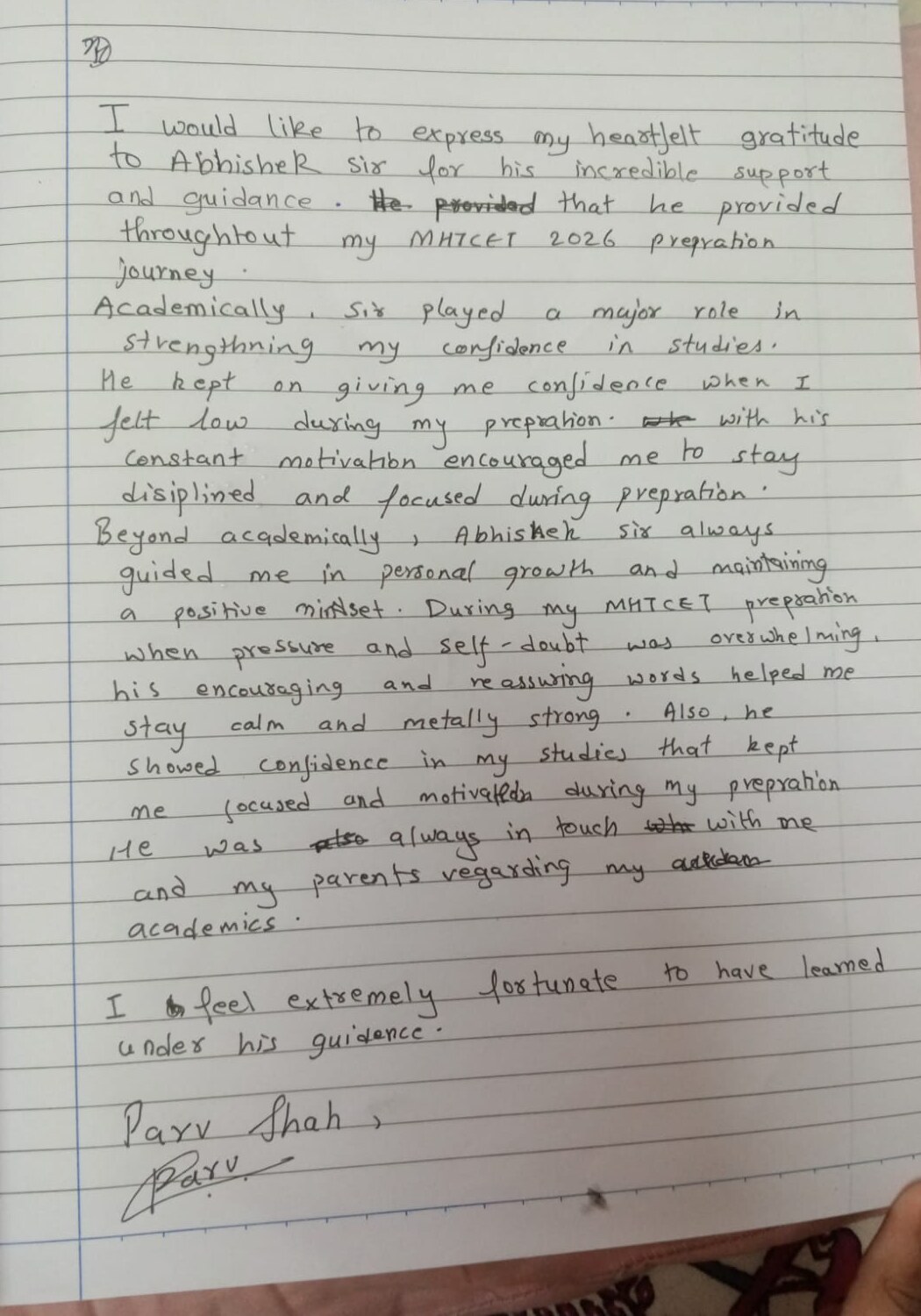 Handwritten testimonial by Parv Shah